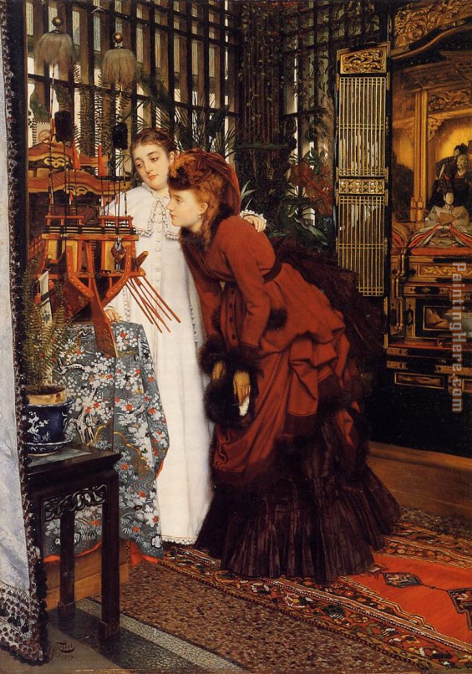 YOUNG WOMEN LOOKING AT JAPANESE OBJECTS painting - James Jacques Joseph Tissot YOUNG WOMEN LOOKING AT JAPANESE OBJECTS art painting